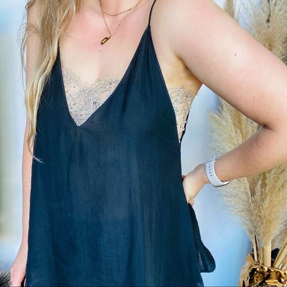 FREE PEOPLE FP Intimate Black Silky Tank Top Camisole Sheer Cream Lace Bandeau S - Picture 1 of 8